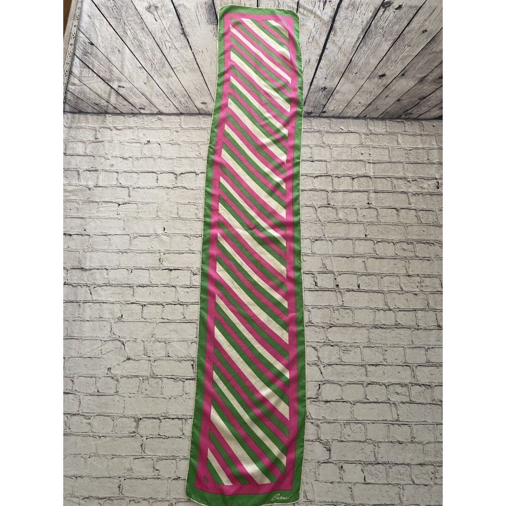 Burmel Vintage 1960's Pink Green Stripe Hand Rolled All Silk Scarf 13x68 Italy - Picture 15 of 16